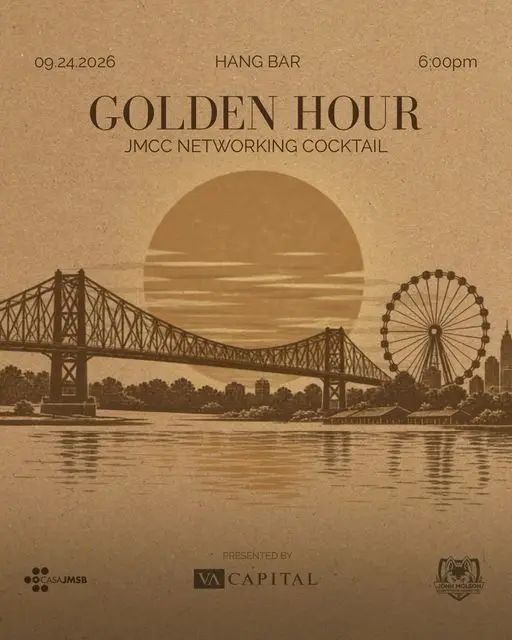 Sepia poster of the Jacques Cartier Bridge and the La Ronde ferris wheel under a low sun. Golden Hour: JMCC Networking Cocktail, Hang Bar, September 24 at 6 p.m.
