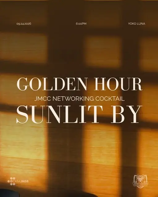 Window light casts golden squares across a wall. Golden Hour, JMCC Networking Cocktail, sunlit by. September 24, 2026, 6 p.m., Yoko Luna.